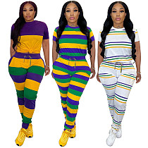 Fashion Stripes Print Women Round Neck Tops And Long Pants TE-4603