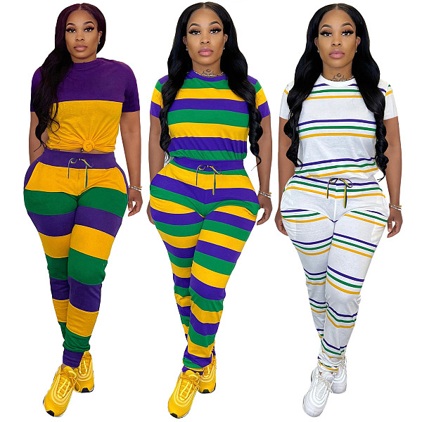 Fashion Stripes Print Women Round Neck Tops And Long Pants TE-4603