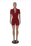 Women's POLO Collar Solid Color Lapel Breasted Ribbed Tight Romper HXZY-0299