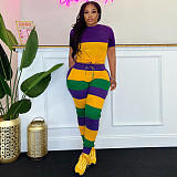 Fashion Stripes Print Women Round Neck Tops And Long Pants TE-4603