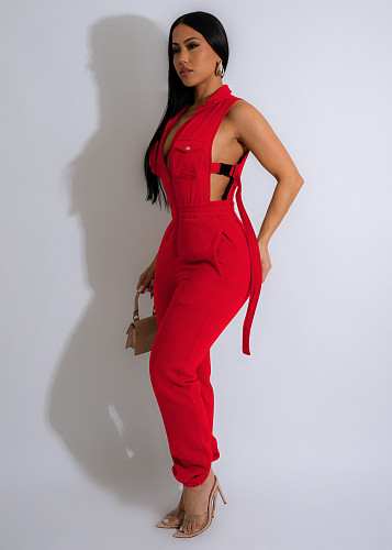 NEW Women Solid Color Side Buttons Long Zipper Pocket Hollow Out Jumpsuit TE-4660