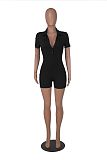Women's POLO Collar Solid Color Lapel Breasted Ribbed Tight Romper HXZY-0299