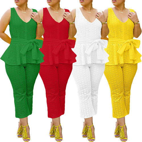 Spring Summer Solid Color Embroidered Cotton Binding Two-piece Set BGN-300