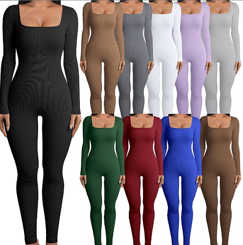 Women Solid Color Square Collar Slim Sporty Jumpsuits HXZY-0323