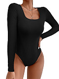 Women Solid Color Pit Long Sleeves  U-neck Bodysuit HXZY-0318