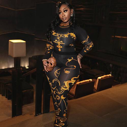 2024 Stylish Printed Girls Black Round Neck Tops And Tight Long Pants MXXB-K23ST610