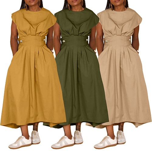 2024 NEW Solid Color Crew-neck Baggy Nylon Swing Maxi Dresses BGN-302