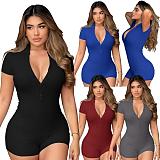 Women's POLO Collar Solid Color Lapel Breasted Ribbed Tight Romper HXZY-0299