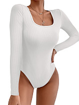 Women Solid Color Pit Long Sleeves  U-neck Bodysuit HXZY-0318