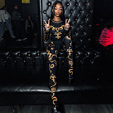 2024 Stylish Printed Girls Black Round Neck Tops And Tight Long Pants MXXB-K23ST610