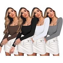 Leisure Girl Square Collar Long Sleeves Solid Color Tops HXZY-0330