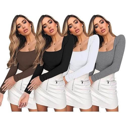 Leisure Girl Square Collar Long Sleeves Solid Color Tops HXZY-0330