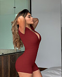 Women's POLO Collar Solid Color Lapel Breasted Ribbed Tight Romper HXZY-0299