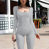 Women Solid Color Square Collar Slim Sporty Jumpsuits HXZY-0323