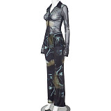 Stylish Print Mesh Lapel Pleated Button-down Blouse And Trousers Two-piece Suit MXXB-D23ST442