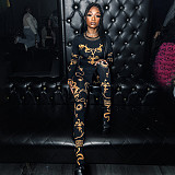 2024 Stylish Printed Girls Black Round Neck Tops And Tight Long Pants MXXB-K23ST610