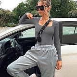 Leisure Girl Square Collar Long Sleeves Solid Color Tops HXZY-0330