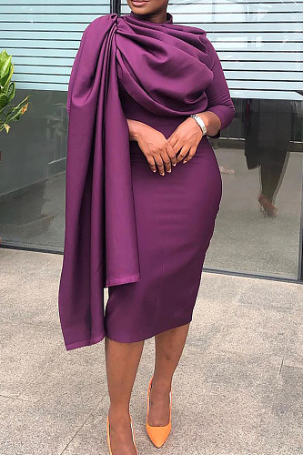 2024 Elegant Lady Pleated Pile Neck Quarter Sleeved Maxi Dress MAE-9073