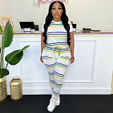 Fashion Stripes Print Women Round Neck Tops And Long Pants TE-4603