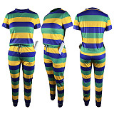 Fashion Stripes Print Women Round Neck Tops And Long Pants TE-4603