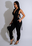 NEW Women Solid Color Side Buttons Long Zipper Pocket Hollow Out Jumpsuit TE-4660