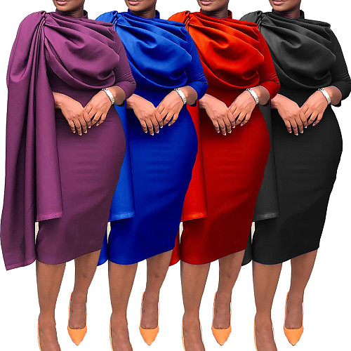 2024 Elegant Lady Pleated Pile Neck Quarter Sleeved Maxi Dress MAE-9073