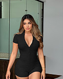 Women's POLO Collar Solid Color Lapel Breasted Ribbed Tight Romper HXZY-0299