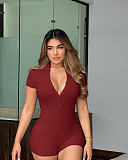 Women's POLO Collar Solid Color Lapel Breasted Ribbed Tight Romper HXZY-0299
