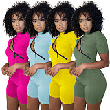 Women's Solid Color Zipper Patchwork Tight Casual Romper YF-9834