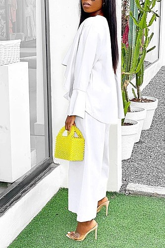 Casual Two-piece Short Front Long Back Flared Sleeve Top Wide-leg Trouser Suit WY-9034