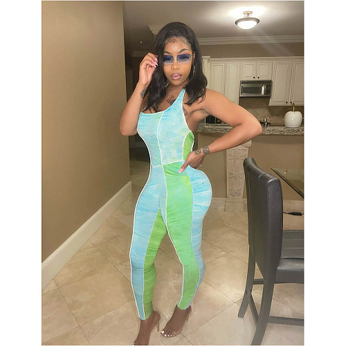 Sexy Backless Halter Print Patchwork Bodycon Jumpsuit GT-9926