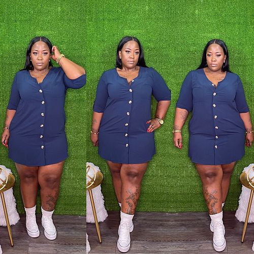 Women Loose Solid Color Buttons Pockets Large Size Short Dresses GT-9976