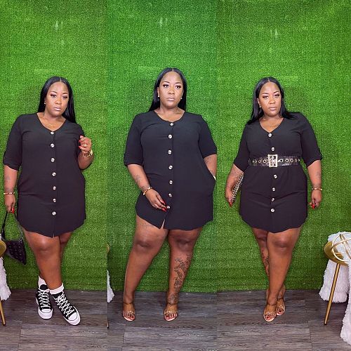 Women Loose Solid Color Buttons Pockets Large Size Short Dresses GT-9976