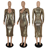 Sexy Deep V Neck Bronzing Long Sleeve Bodycon Dresses FE-257
