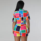 Printing Button Up Shirt Crop Tops Shorts 2 Piece Set TE-4598