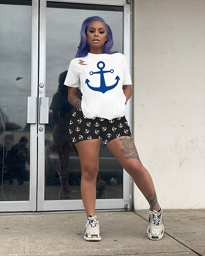 Home Wear Anchor Printed Short Sleeve T-shirt and Shorts Two-piece Set YS-8580