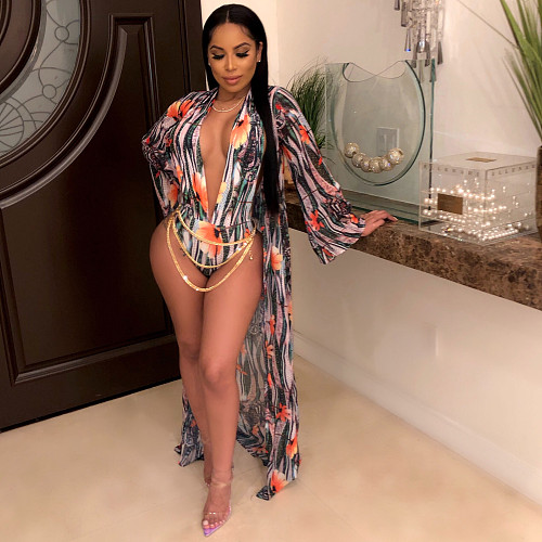 Fashion Print Cape Bikini Swimsuits Backless Bodysuits 2Pieces YS-8318