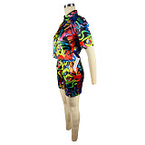 Printing Button Up Shirt Crop Tops Shorts 2 Piece Set TE-4598