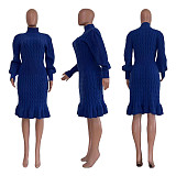 Knitted Ruffles Hem Turtleneck Knee-length Midi Dress TR-1232