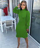 Knitted Ruffles Hem Turtleneck Knee-length Midi Dress TR-1232