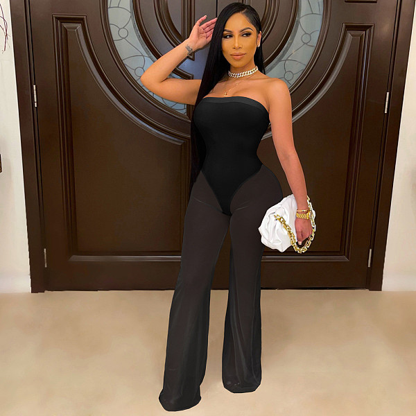 Solid Color Strapless Mesh See-through Spliced Jumpsuit YS-8804