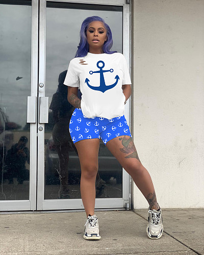 Home Wear Anchor Printed Short Sleeve T-shirt and Shorts Two-piece Set YS-8580