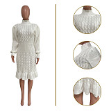 Knitted Ruffles Hem Turtleneck Knee-length Midi Dress TR-1232