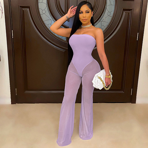 Solid Color Strapless Mesh See-through Spliced Jumpsuit YS-8804