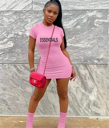 Letter Print Short Sleeve O Neck Bodycon Dresses OQ-082