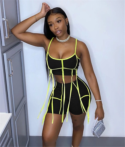 Patchwork Camisole Crop Tops Bodycon Shorts Set LP-66862