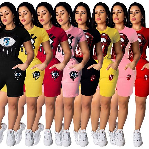 Casual Eyes Lips Sequins Round Neck Short Sleeve Set YS-8329