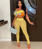 Feather Strap Sling Crop Top Sheer Mesh Pants Set YF-10179