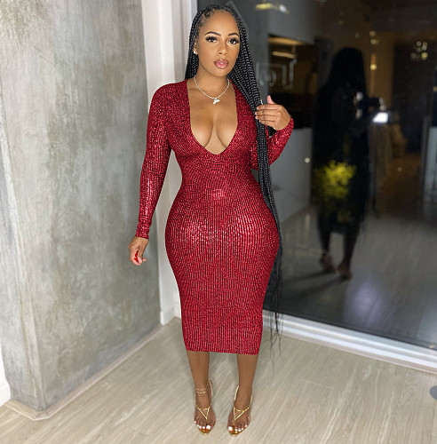Sexy Deep V Neck Bronzing Long Sleeve Bodycon Dresses FE-257
