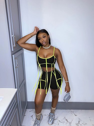 Patchwork Camisole Crop Tops Bodycon Shorts Set LP-66862